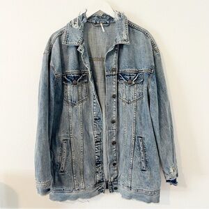 Free People Distressed Long Denim Jean Jacket Size Medium M